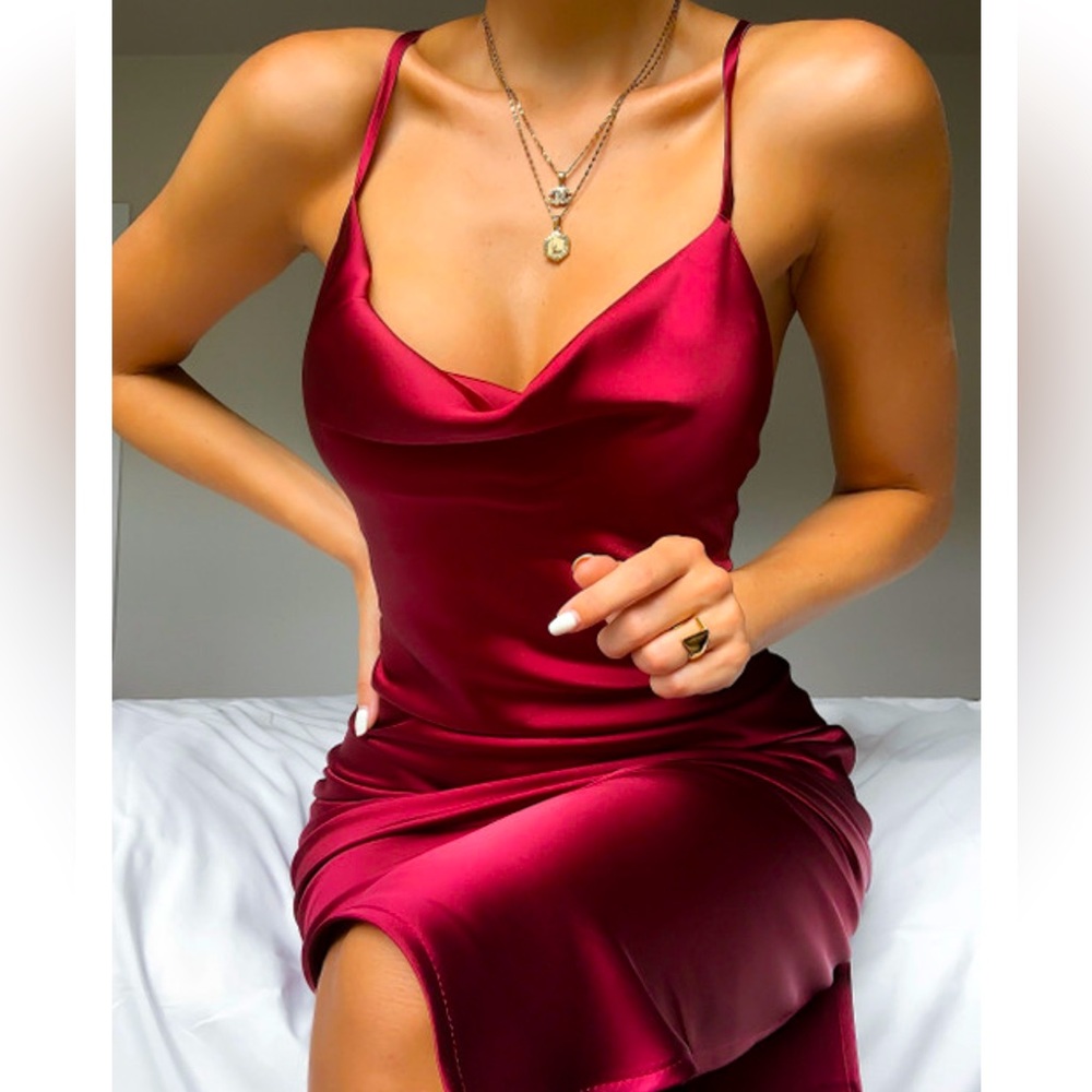 Red Satin Midi Dress With Cowl Neck & Adjustable Side Formal Wedding Size Medium